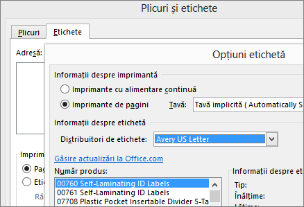 Alegeți un aspect compatibil cu Avery în caseta de dialog Opțiuni etichetă