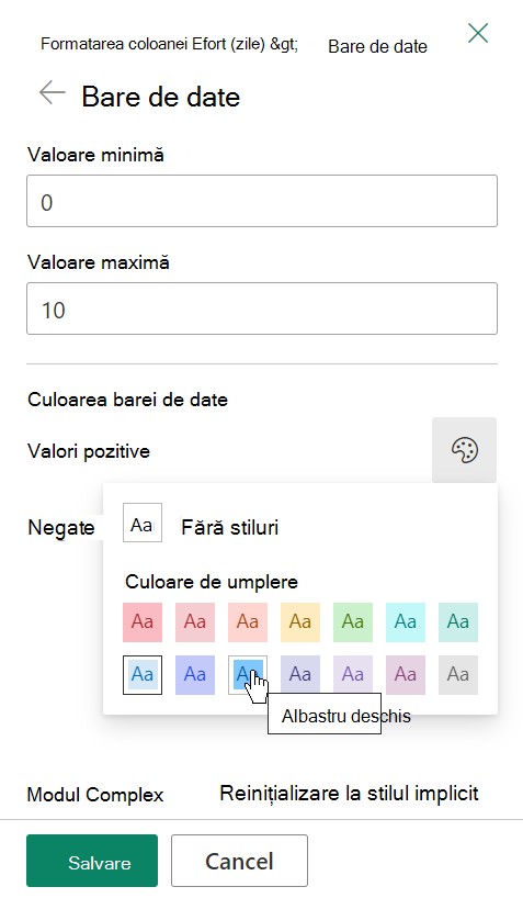 Opțiuni pentru formatarea barelor de date într-SharePoint coloană listă.