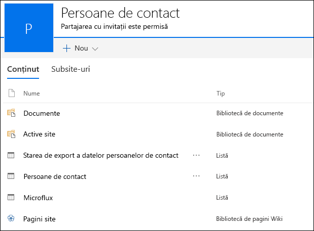 Pagina subsite-ului SharePoint care conține liste din aplicația web Access exportată