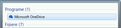 Captură de ecran cu căutarea aplicației desktop OneDrive în Windows 7