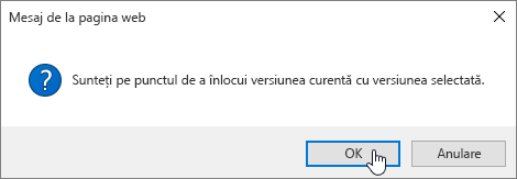 Version Restore confirm dialog box with OK selected