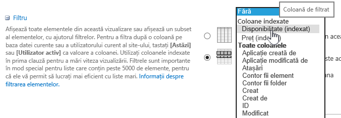 În SharePoint Online, alegeți un câmp indexat