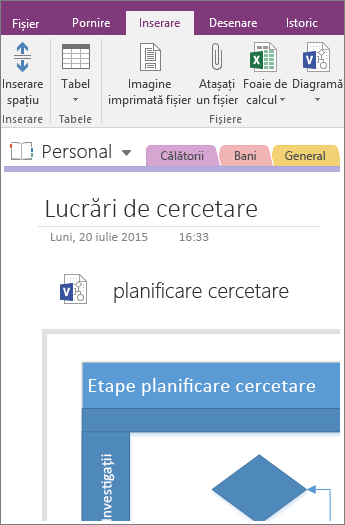 Captură de ecran cu adăugarea unei diagrame Visio existente în OneNote 2016.