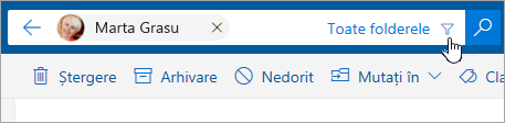 Captură de ecran cu butonul de filtrare din bara de căutare