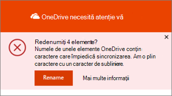 Captură de ecran a notificării de Redenumire din aplicația de sincronizare OneDrive pentru desktop