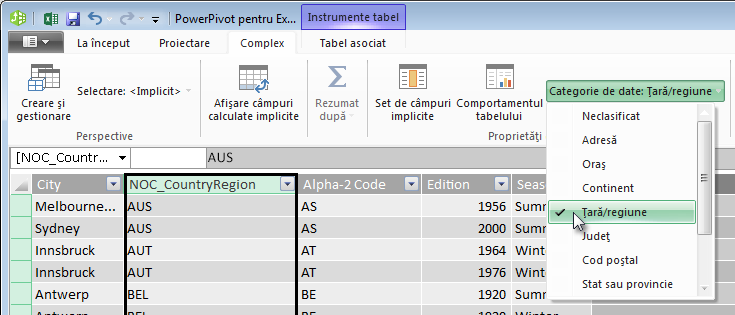 Categorii de date în PowerPivot