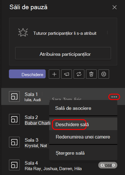 Imaginea vă arată cum să deschideți o singură sală pentru subgrupuri.