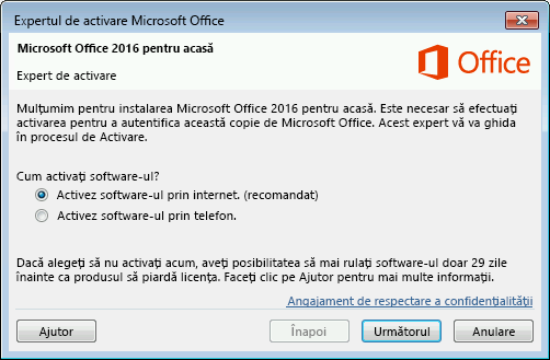 Va apărea Expertul de activare Microsoft Office.