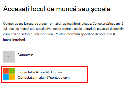 Captură de ecran care afișează fereastra "Accesați contul de la locul de muncă sau de la școală" cu contul "Conectat la (organizația dvs.) Azure AD" selectat