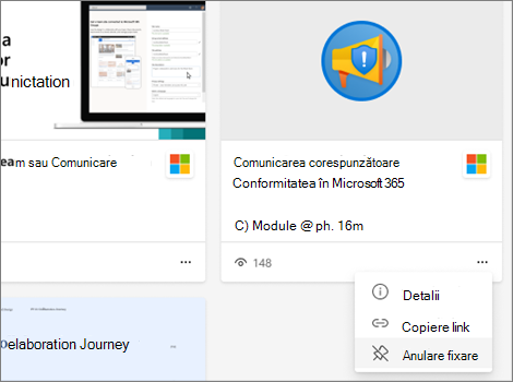 Selectaţi... apoi selectați Anulați fixarea pentru a elimina conținut dintr-o filă de învățare