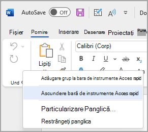 Imagine cu opțiunea de ascundere a barei de instrumente Acces rapid