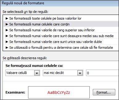 Regulă de formatare condiționată care afișează numerele mai mici decât 0 cu text roșu