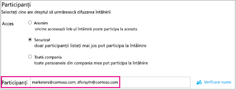 Secțiunea Participant a invitației la întâlnire cu nume în câmpul Participant