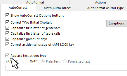 Caseta de selectare Înlocuire în timpul tastării din fila Corectare automată