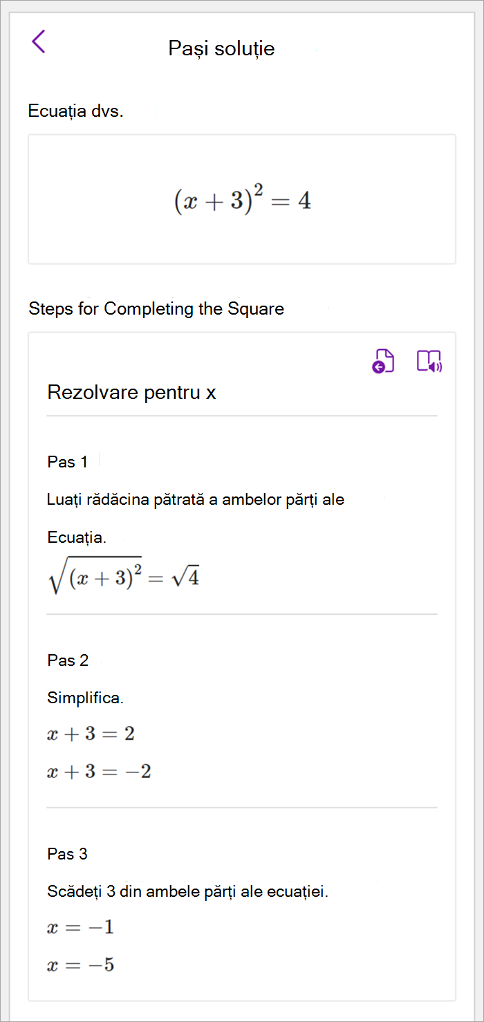 Captură de ecran a panoului matematic din OneNote pentru desktop. Pașii soluției sunt afișați pentru utilizarea metodei pătrate de rezolvare pentru x.