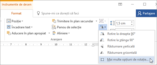 Mai multe opțiuni de rotire din meniul Rotire
