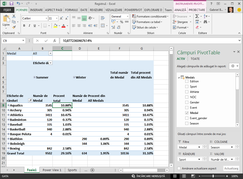 PivotTable afișează date procentuale