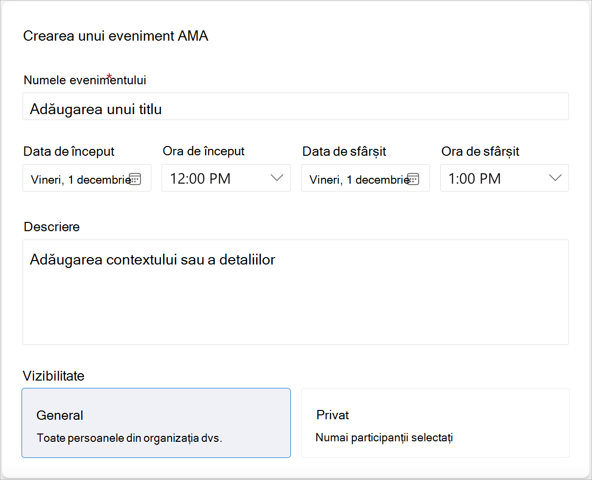 Captură de ecran a câmpurilor necesare pentru a crea un eveniment AMA.