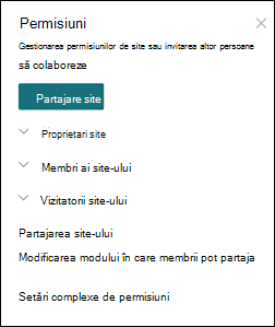 Panoul permisiuni site SharePoint