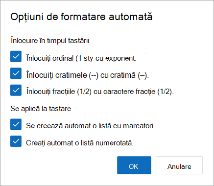 Alegeți opțiunile de formatare automată dorite și selectați OK.