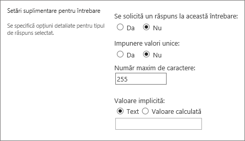 Secțiunea Întrebări suplimentare a noii casete de dialog