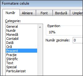Categoria Procent în caseta de dialog Formatare celule