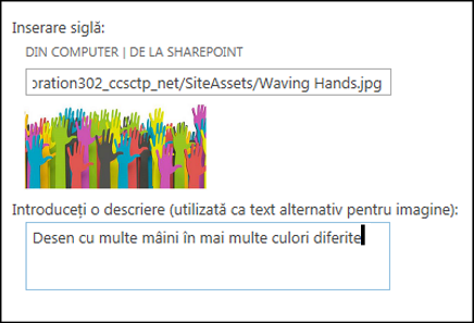 Caseta de dialog cu sigla și titlul noului site SharePoint Online, arătând cum se creează un text alternativ pentru imaginea de siglă