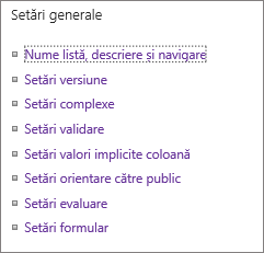 List general settings links