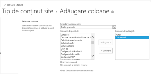 Adăugarea coloanelor existente la tipul de conținut