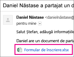 E-mail de invitație către un destinatar pentru a partaja un document