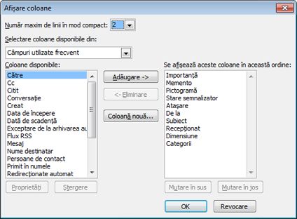 Caseta de dialog Afișare coloane