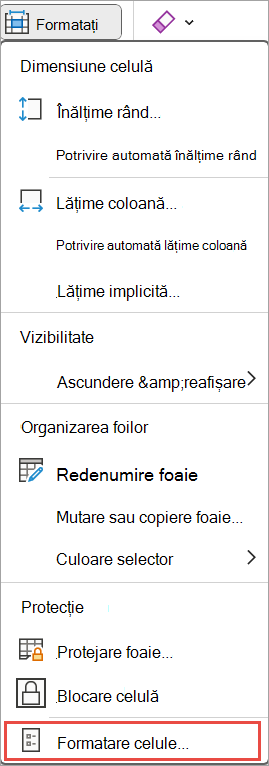 formatarea celulelor pentru excel