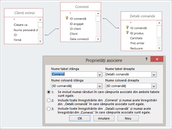 Captură de ecran cu trei tabele și proprietățile lor de asociere
