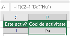 Celula D2 conține formula =IF(C2=1,"DA","NU")