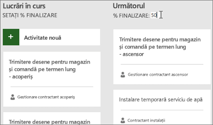 Captură de ecran a Panoului de activități, unde cursorul introduce numărul 50 pentru procentul de finalizare