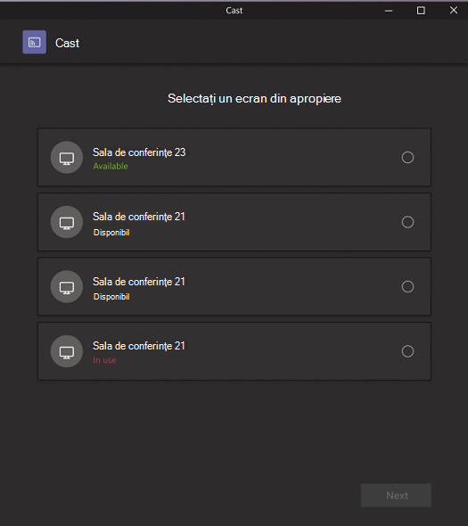 O fereastră pop-up care listează dispozitivele disponibile din sală pe care le puteți difuza.
