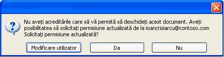 Casetă de dialog în Word care arată că un document cu permisiuni restricționate a fost redirecționat către o persoană neautorizată