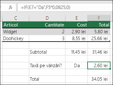 Formula din celula F7 este IF(E7=”Da”;F5*0,0825;0)