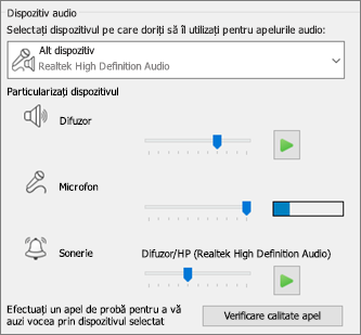 Setările particularizate - difuzor, microfon, sonerie - pentru dispozitivul audio