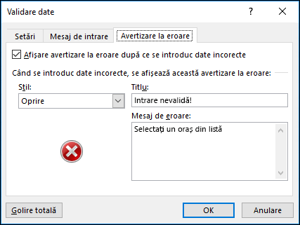 Opțiuni mesaj de eroare verticală pentru validarea datelor