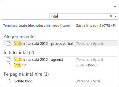 Utilizați Căutarea pentru a căuta note din orice loc din OneNote.