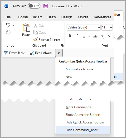 Lista verticală Bară de instrumente Acces rapid, selectați Ascundere etichete de comenzi