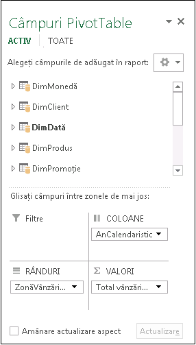 Listă de câmpuri PivotTable