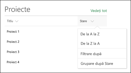 List web part with sort, filter, and group menu