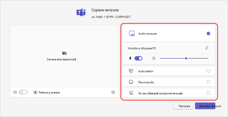 Alegeți sursa audio pentru o întâlnire din ecranul de pre-asociere.