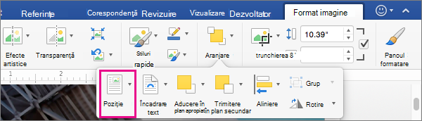 Faceți clic pe Poziție pentru a seta poziția tabelului relativ la textul înconjurător.