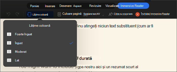 captură de ecran a immersive Reader cu lățimea coloanei selectată, opțiunile sunt foarte înguste, înguste, moderate, late