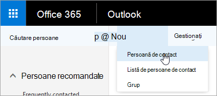 Captură de ecran a meniului contextual pentru butonul "Nou", cu opțiunea "Persoană de contact" selectată.