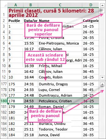 Utilizarea scindării pentru a vizualiza două regiuni de rânduri