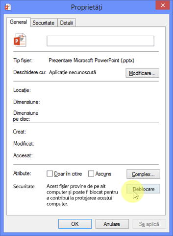 Casetă de dialog Proprietăți cu comanda Deblocare